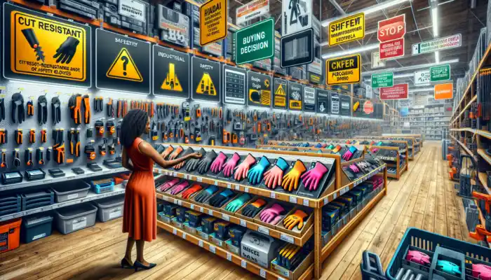 A shopper in a Warwick hardware store examines cut-resistant safety gloves, comparing labels amid industrial tools and safety signs.