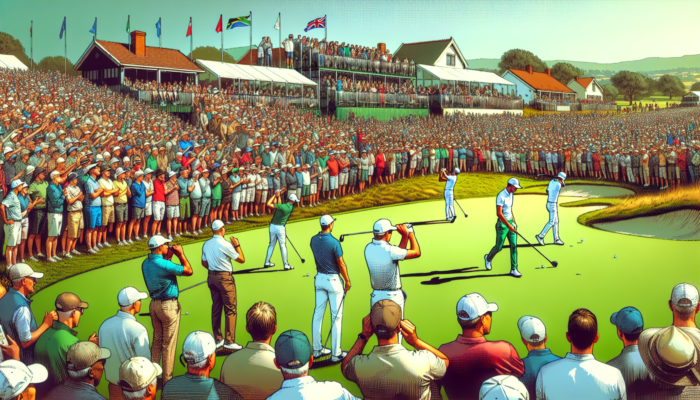 Golfers competing in the East London Open on lush South African greens, with crowds cheering under clear skies.