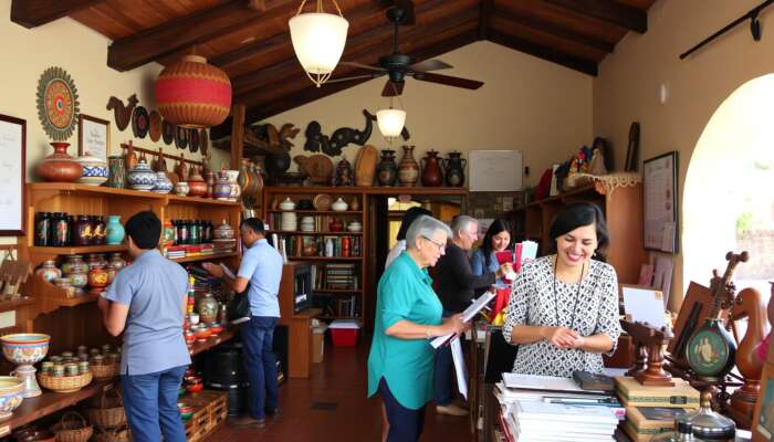 Staff in a San Miguel de Allende boutique arrange colourful crafts, assist smiling customers, and manage inventory in a sunlit colonial interior.