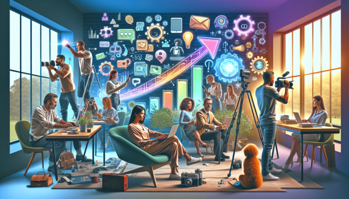 Entrepreneurs in a cozy Verwood, UK office crafting content strategies: one writing a blog, another filming a video, surrounded by devices and growth charts.