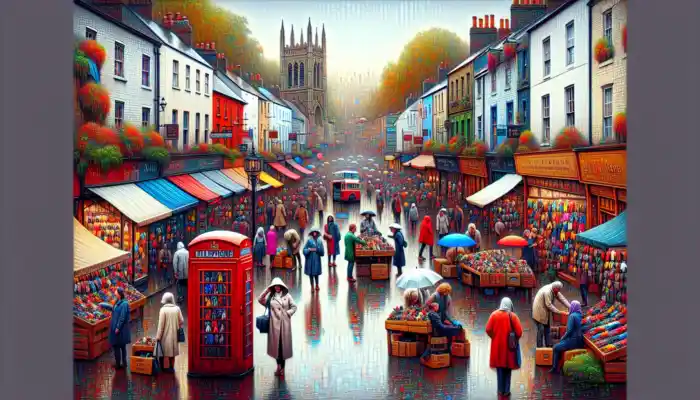 A bustling UK high street filled with various shoppers examining colourful gloves on display in shops and markets, featuring iconic red telephone booths, rainy weather, and Big Ben in the background.