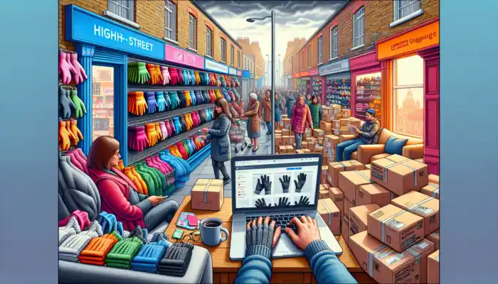 A lively Luton store showcases an array of colourful gloves while shoppers try on different sizes, contrasted with a home setting of online shopping and delivery boxes.