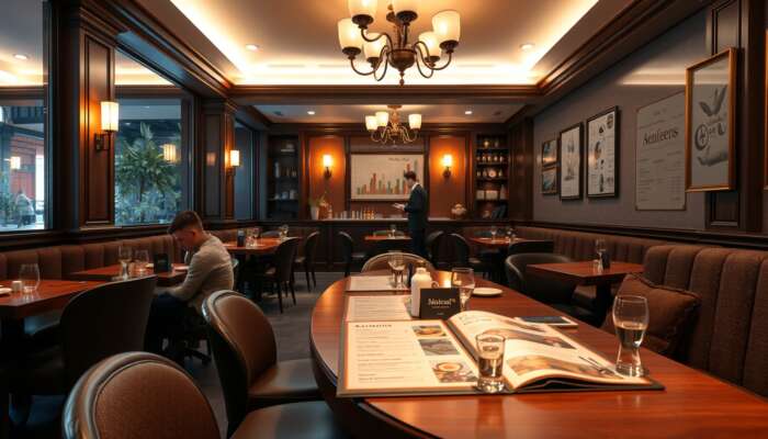 A cozy restaurant with warm lighting, elegant decor, a diverse menu on the table, customers leaving reviews, and attentive staff.