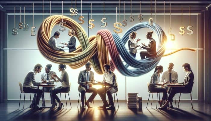 People in a modern credit union discuss debt consolidation; tangled ropes merge into a glowing thread symbolizing financial freedom.