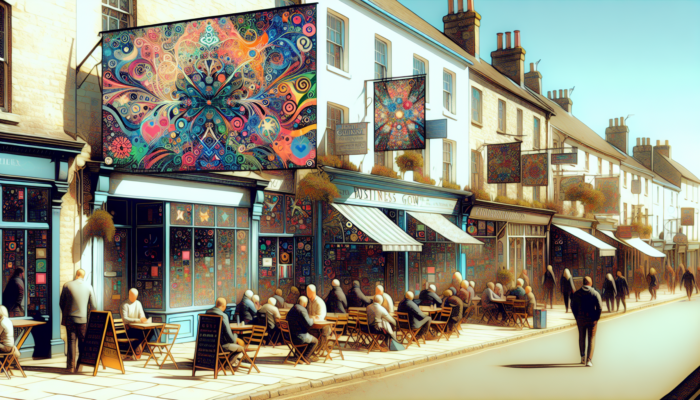 Bustling street scene in historic Beaminster, England, with shops displaying eye-catching copywritten signs drawing crowds under a sunny sky.