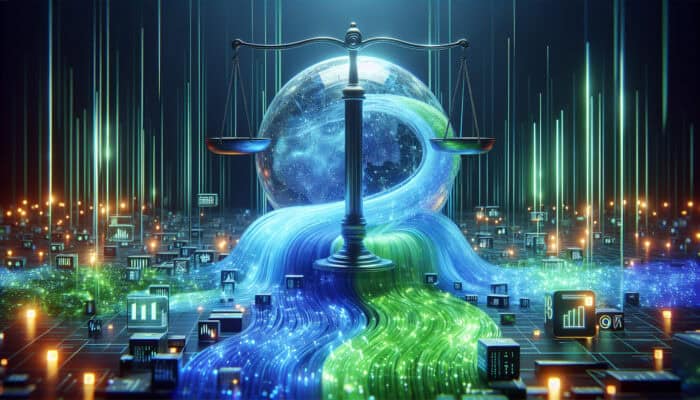 A futuristic digital landscape with glowing data streams flowing into a transparent orb, symbolising ethical principles like transparency and fairness.