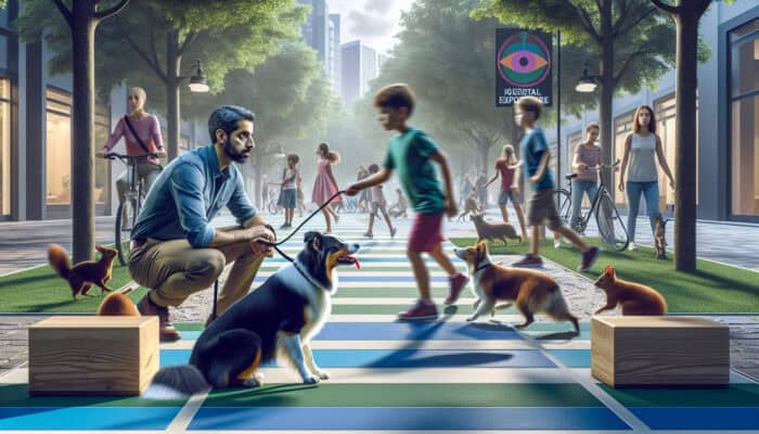 A determined trainer guides a border collie through obedience exercises in a bustling park, ignoring squirrels, cyclists, and children to build focus.