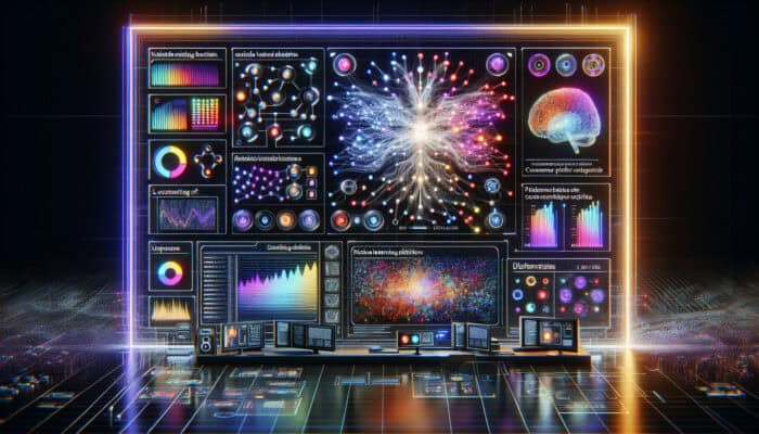 A futuristic digital dashboard in an AI lab displays glowing neural networks forming colorful clusters of customer data segments.