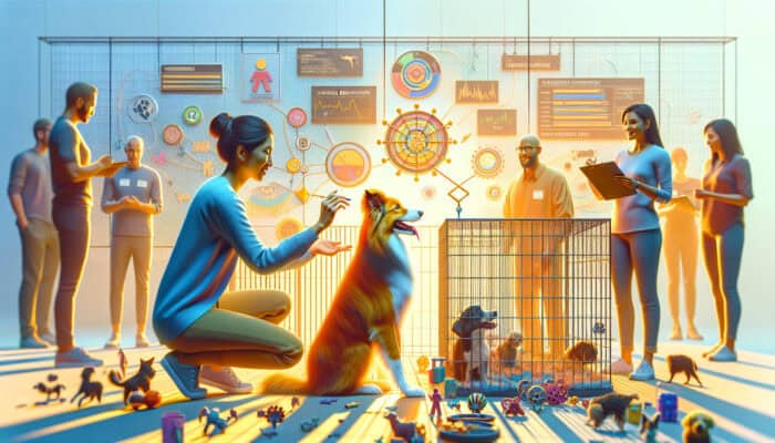 A behaviourist assesses a playful border collie with toys and obstacles in a sunny adoption center, as volunteers observe.