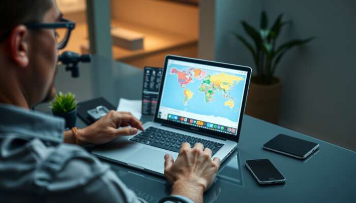 A traveller at a sleek desk organises vacation logistics on a laptop, showcasing flight bookings, hotel reservations, and a vibrant itinerary map.