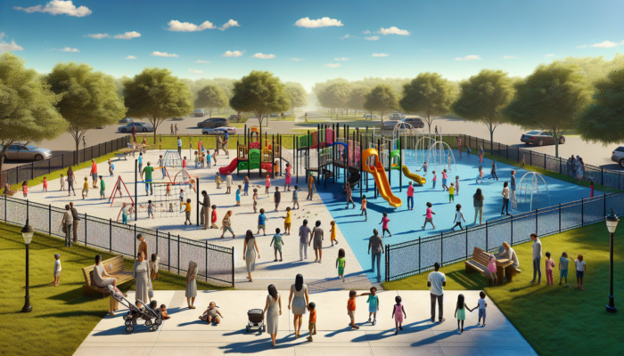 Children playing safely on colourful fenced playground equipment in a serene Lephalale park, with parents and volunteers chatting nearby under a blue sky.
