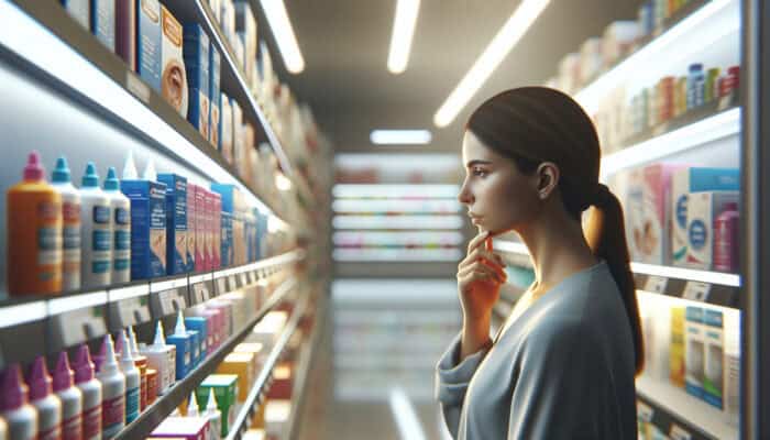 A pharmacist examines ear cleaning solutions like drops, swabs, and sprays on a brightly lit store shelf.