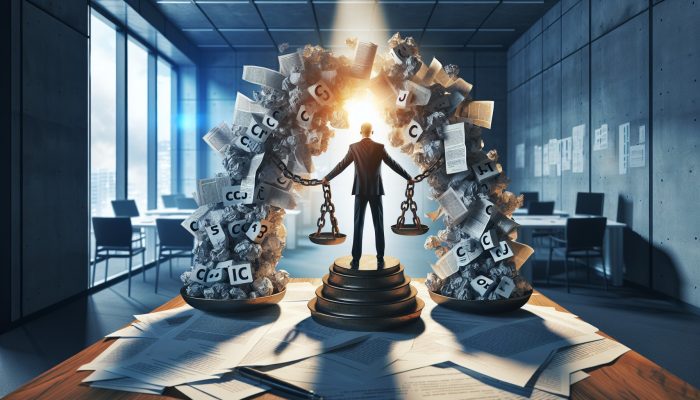 Can Debt Consolidation Clear Old CCJ Debts: Key Facts | DCL Person in a modern office breaking free from chains of crumpled CCJ documents, symbolising debt consolidation, with a beam of light on a balanced financial scale.