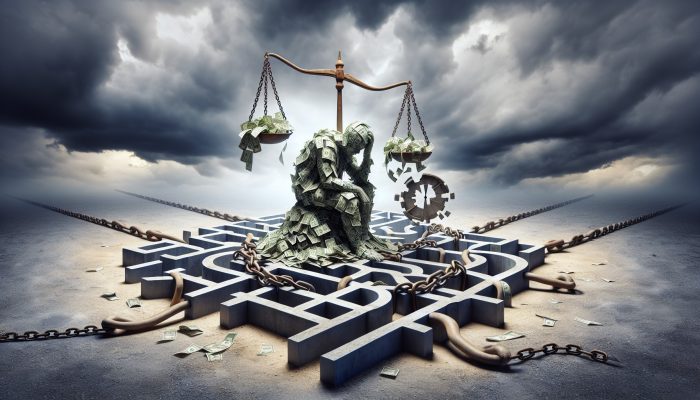 Can Debt Consolidation Clear Old CCJ Debts: Key Facts | DCL A weary person entangled in oversized banknotes and chains labeled "High Interest" and "Extended Repayment," at a foggy crossroads with a broken debt scale under a stormy sky.