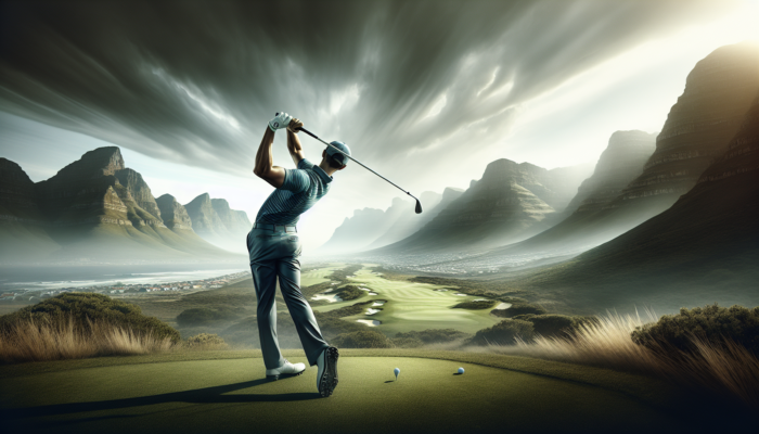 A South African golfer showcases impressive flexibility in a powerful swing against the stunning backdrop of Western Cape fairways and dramatic mountains.