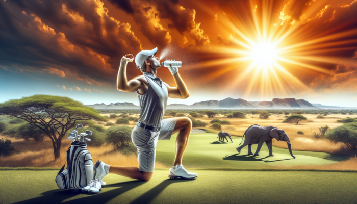 A golfer performing warm-up stretches on a sunny course near Kruger National Park, surrounded by savanna hills and wildlife, while sipping a drink and applying sunscreen.