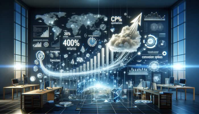 Dashboard in a modern office showing soaring ROI graphs for web hosting ads, with 400% returns, CPC optimisations, and a glowing global server network.