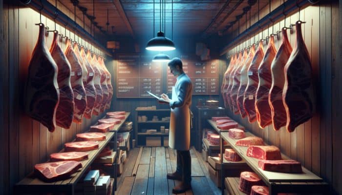 In a dimly lit aging room, a butcher inspects hanging beef cuts for mould, using a thermometer and humidity gauge to monitor conditions.