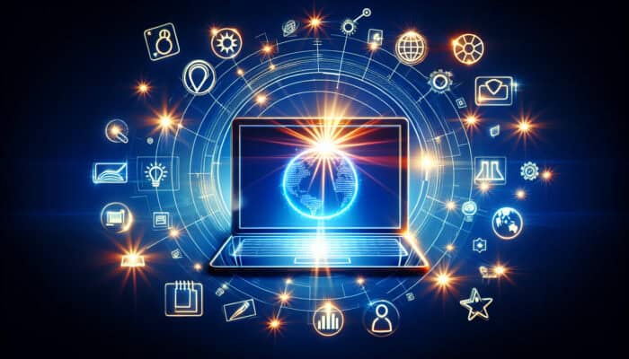 A futuristic digital workspace showcasing a laptop displaying search results for "comfortable running shoes for flat feet," accompanied by floating SEO keywords like "eco-friendly summer dresses."