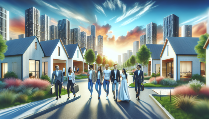 Young professionals and couples tour modern homes in Thohoyandou, surrounded by greenery, smiling under a bright sky.