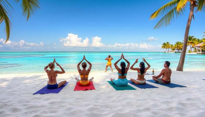 Luxurious Belizean beach resort at dawn: guests practicing yoga on soft sands, overlooking turquoise waters, coral reefs, and a cultural dance.