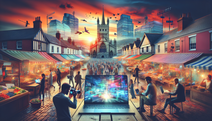 A vibrant Exeter scene: creatives filming videos and blogging near a Gothic cathedral and skyscrapers, laptops glowing at sunset.