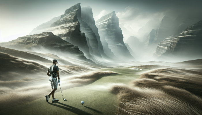 A golfer stands on a steep fairway in misty Drakensberg mountains, with wind whipping through peaks and a ball rolling unpredictably on slopes.