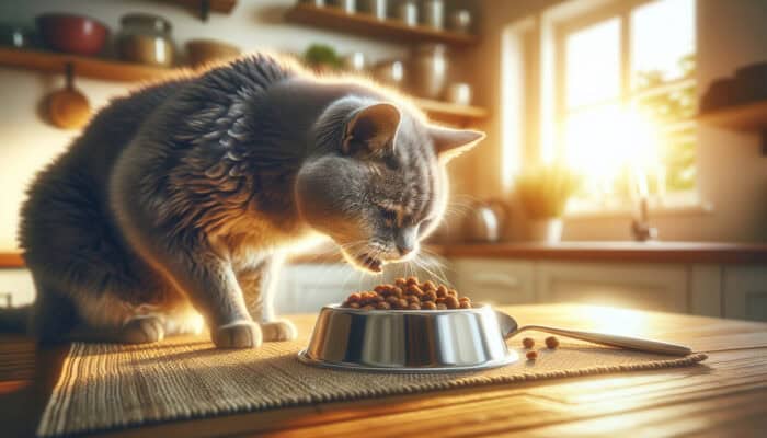 An elderly gray cat with wise eyes and thinning fur eats senior cat food in a sunny kitchen, emphasizing aging and nutrition.