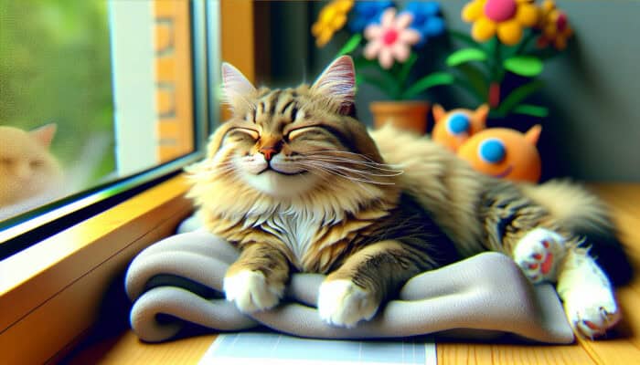 A fluffy tabby cat purring happily with half-closed eyes, kneading a blanket on a sunny windowsill, surrounded by toys and flowers.