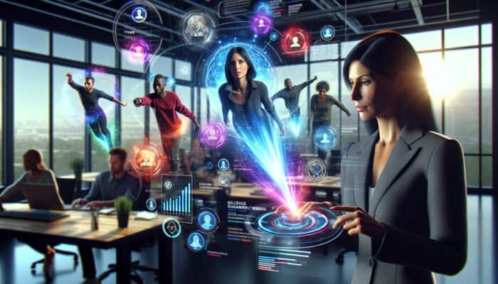 A marketer in a modern office views holographic screens of influencer profiles and data, with diverse influencers posing in the background.