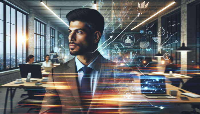 A small business owner in a vibrant modern office, surrounded by laptops displaying social media ads and a whiteboard outlining campaign steps.