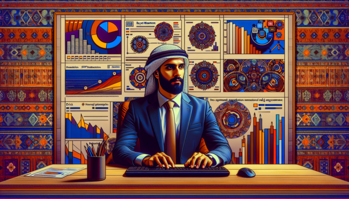 A focused entrepreneur in a Royal Wootton Bassett office reviews digital ad metrics on a computer screen, surrounded by performance charts and posters.