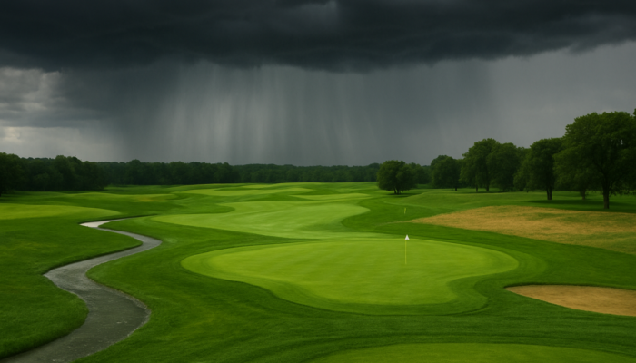 Lush Fairview Golf Course greens under stormy skies, with effective drainage and vibrant emerald turf.