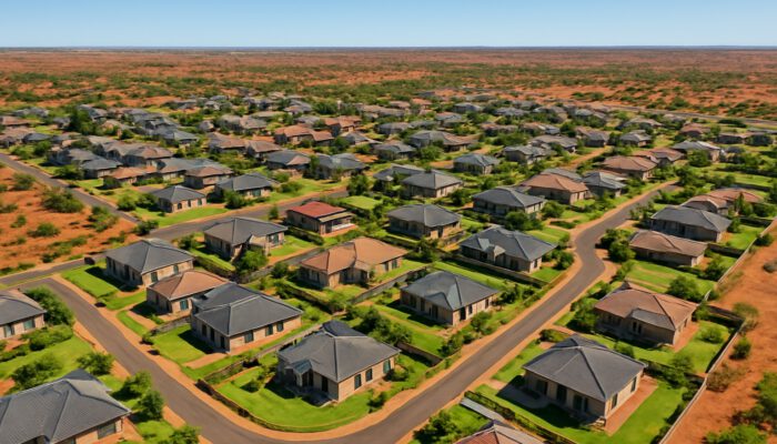 Aerial view of modern mid-level homes in Postmasburg, South Africa, amid red soil and green estates under blue sky.