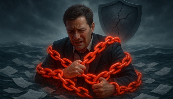 Stressed borrower caught in red interest rate chains, struggling amid unpaid bills with a damaged credit shield.