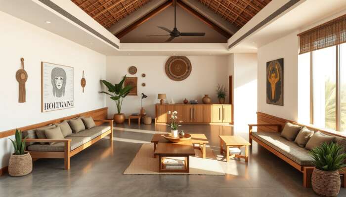 Modern boutique hotel lobby with minimalist design, sustainable wooden furniture, indigenous crafts, and local artwork illuminated by natural light.