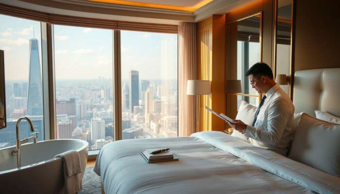 A hotel inspector reviews crisp linens and gleaming fixtures in a luxurious five-star suite, holding a checklist with a city view bathed in golden light.
