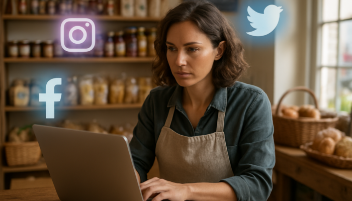 A Blandford small business owner engaging with social media on a laptop, showcasing icons for Instagram, Facebook, and Twitter.