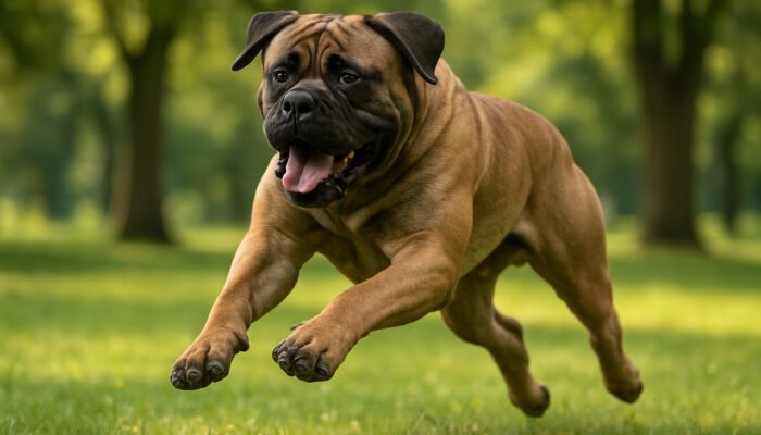 Large muscular dog breed bounding energetically through a lush park.