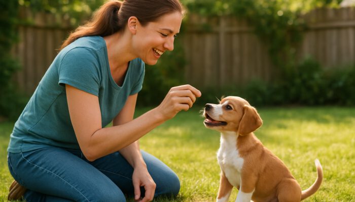 Patient owner rewarding eager puppy with treat in sunny backyard after successful elimination.