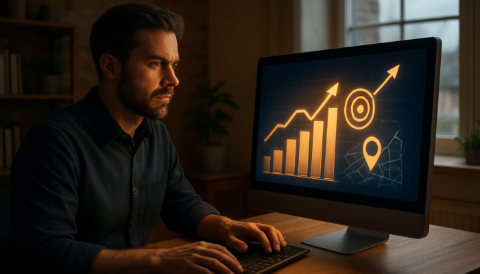 Entrepreneur analysing SEO keywords on computer in Clevedon office, surrounded by graphs and traffic icons.