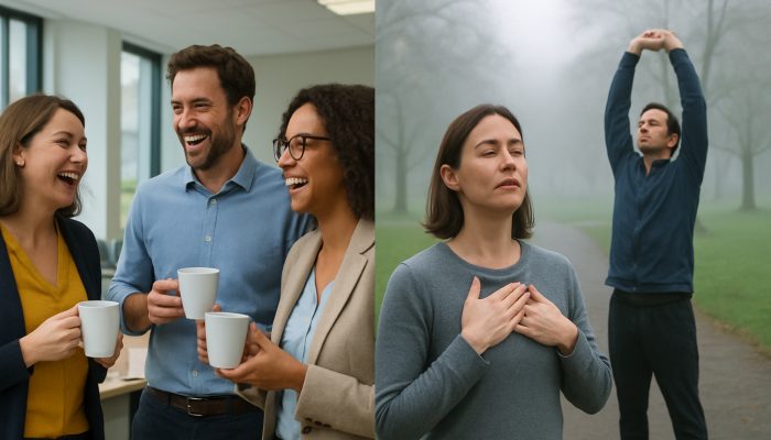 Taking a Brief Pause Without Giving Up: Building Resilience | DCL British colleagues sharing tea, strolling misty park, practicing deep breathing and stretching under grey skies.