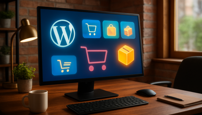 Lively WordPress dashboard in Bridport office, displaying WooCommerce e-commerce icons and shopping carts.