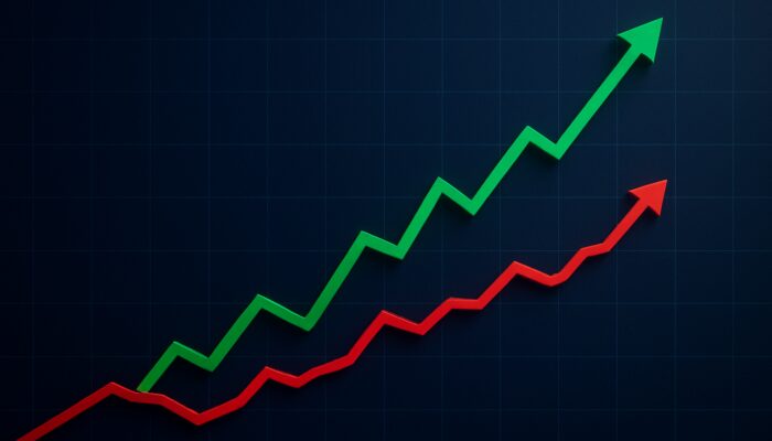 Stock chart with upward green price line and trailing red stop loss barrier.