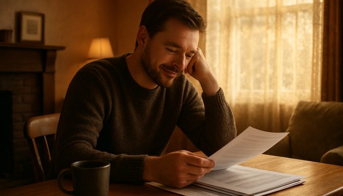 Individual examining merged debt documents in a comfortable British living room, displaying relief and clarity.