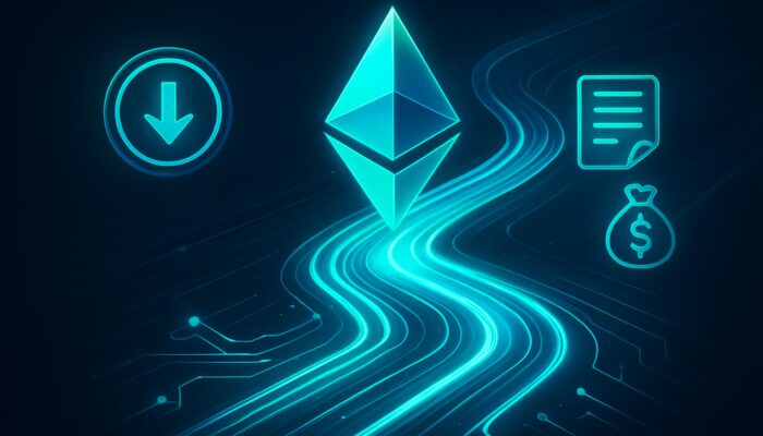 Visualisation of declining Ethereum gas fees through optimised glowing blockchain pathways