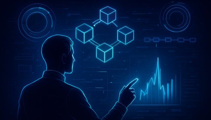 Analyst examining holographic blockchain graphs for gas fee surges amid neon timelines