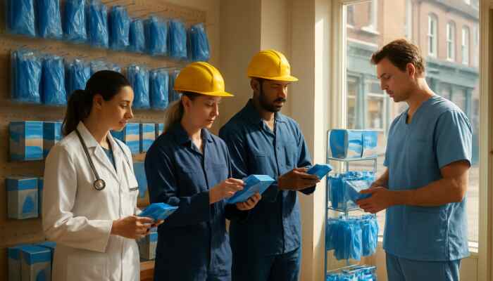 Healthcare professionals browsing blue nitrile gloves in a cosy Aylesbury medical shop