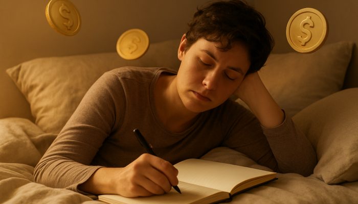 Tired individual resting in bed while writing a gentle debt repayment plan in a journal with warm golden light
