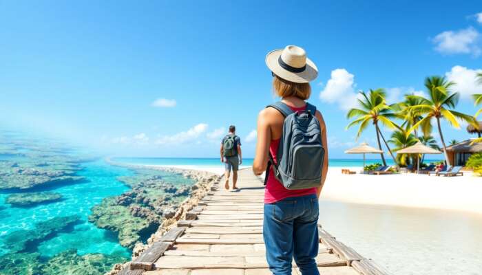 A traveller at a crossroads: one path leading to scuba diving in turquoise waters with coral reefs, and another to yoga on a sun-drenched beach surrounded by palm trees.